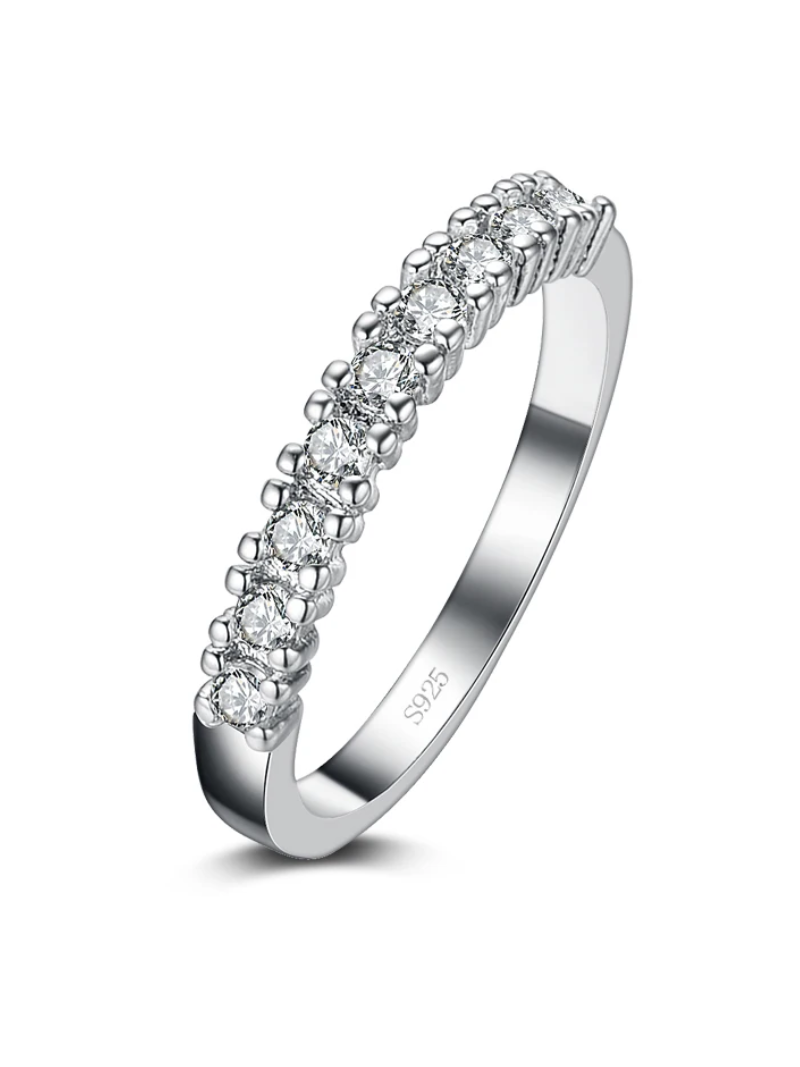 Dainty 925 Sterling Silver Ring – Elegant Thin Band with Shiny Zircon Crystals