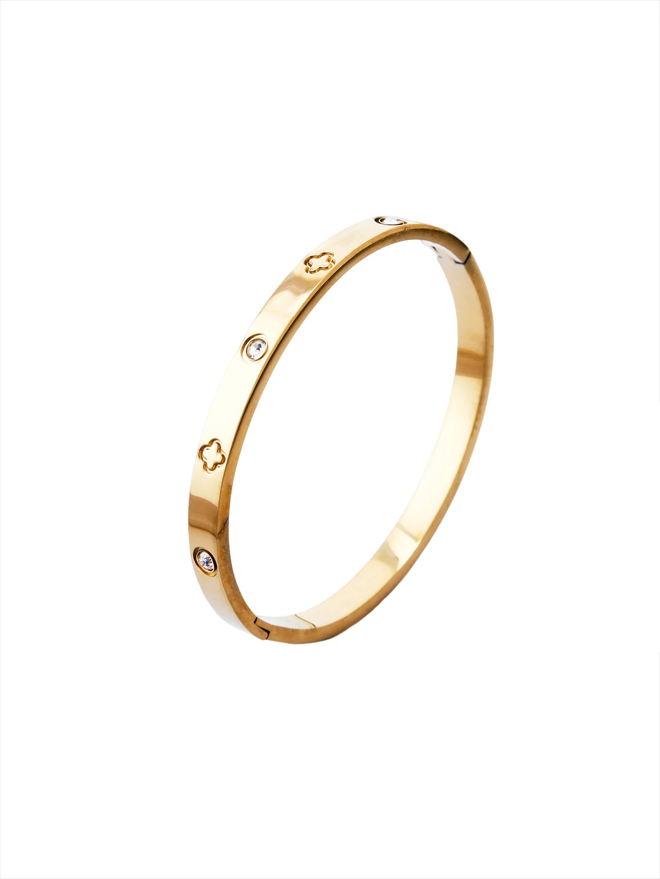Elegant French-Style 18K Gold-Plated Stainless Steel Bracelet – Clover & Diamond Pattern