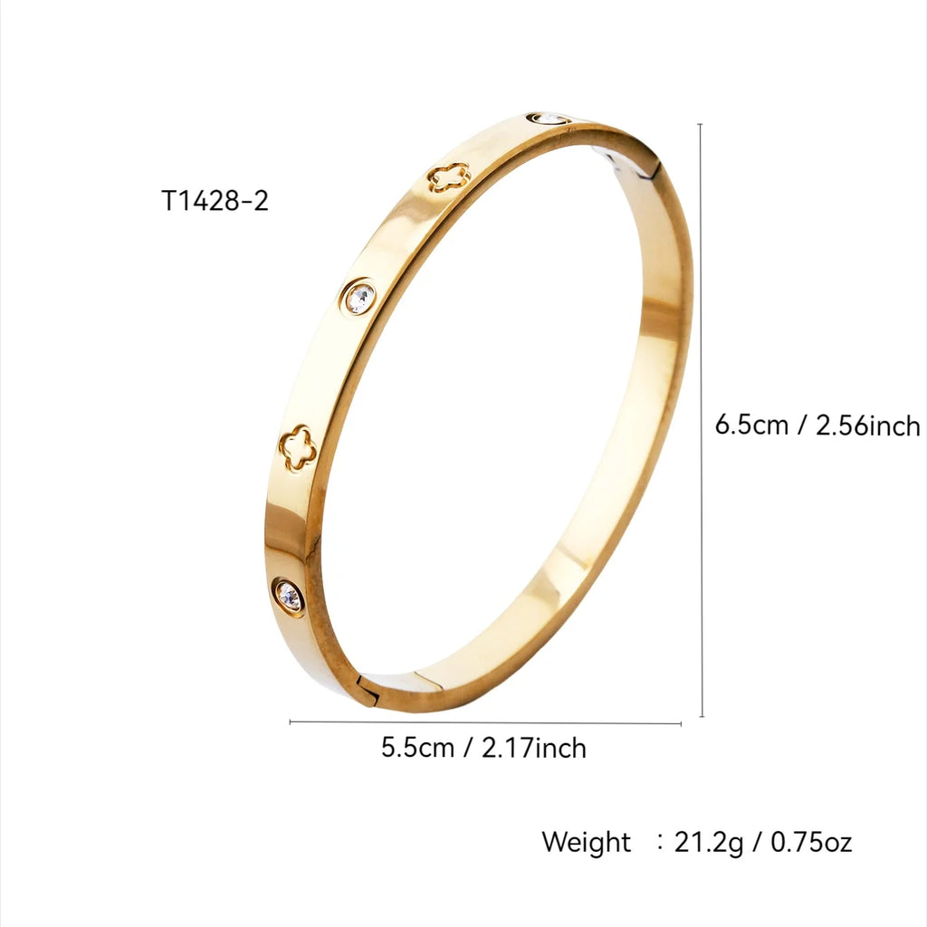 Elegant French-Style 18K Gold-Plated Stainless Steel Bracelet – Clover & Diamond Pattern