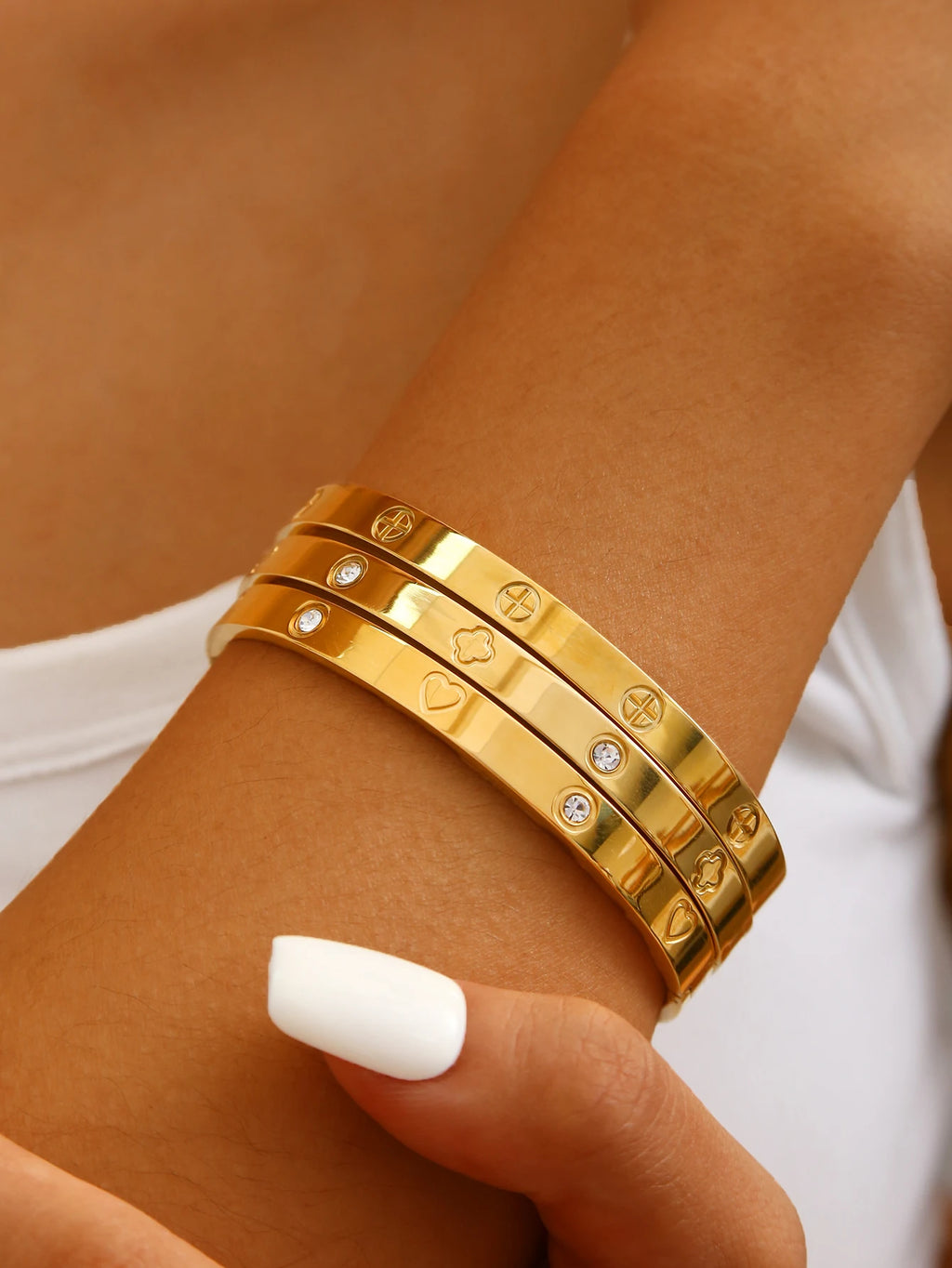 Elegant French-Style 18K Gold-Plated Stainless Steel Bracelet – Clover & Diamond Pattern