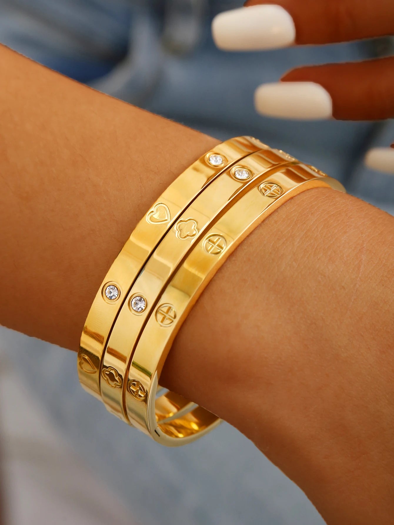 Elegant French-Style 18K Gold-Plated Stainless Steel Bracelet – Clover & Diamond Pattern